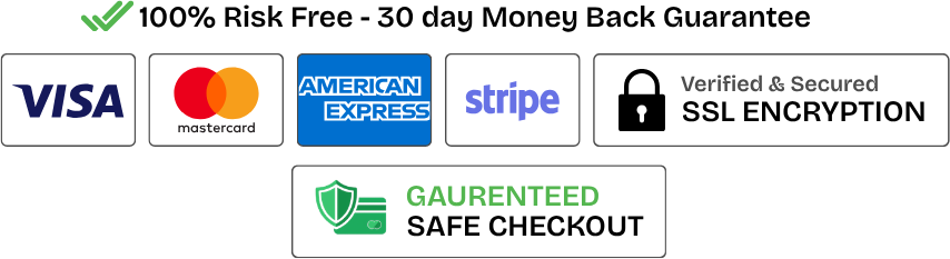 100% risk free, 30 day money back guarantee. Visa, Mastercard, American Express and Stripe accepted. SSL encrypted, guaranteed safe checkout.